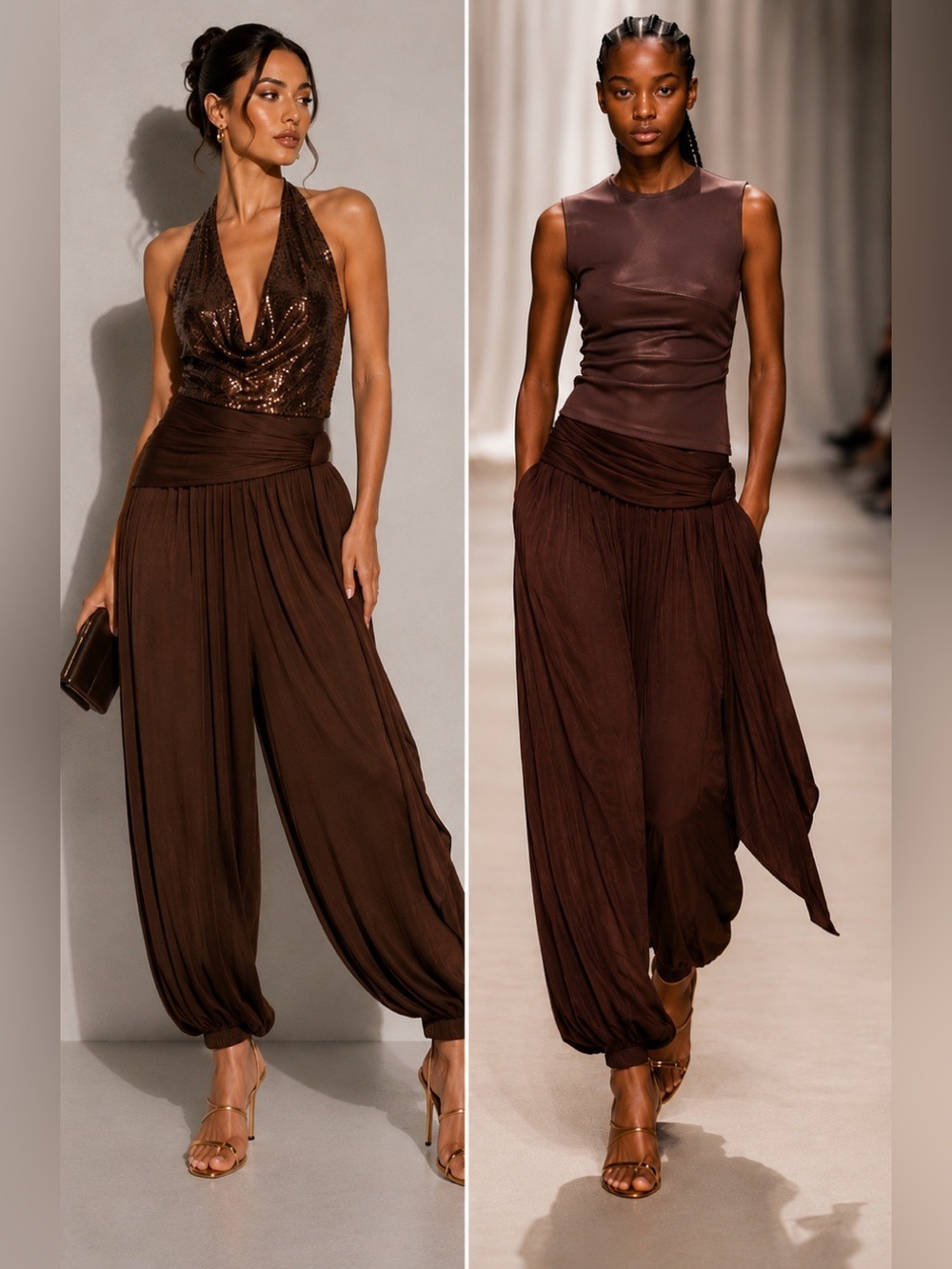 H&M Divided Brown Draped Satin Balloon Leg Harem Pants Tie Waist Sz M NWT